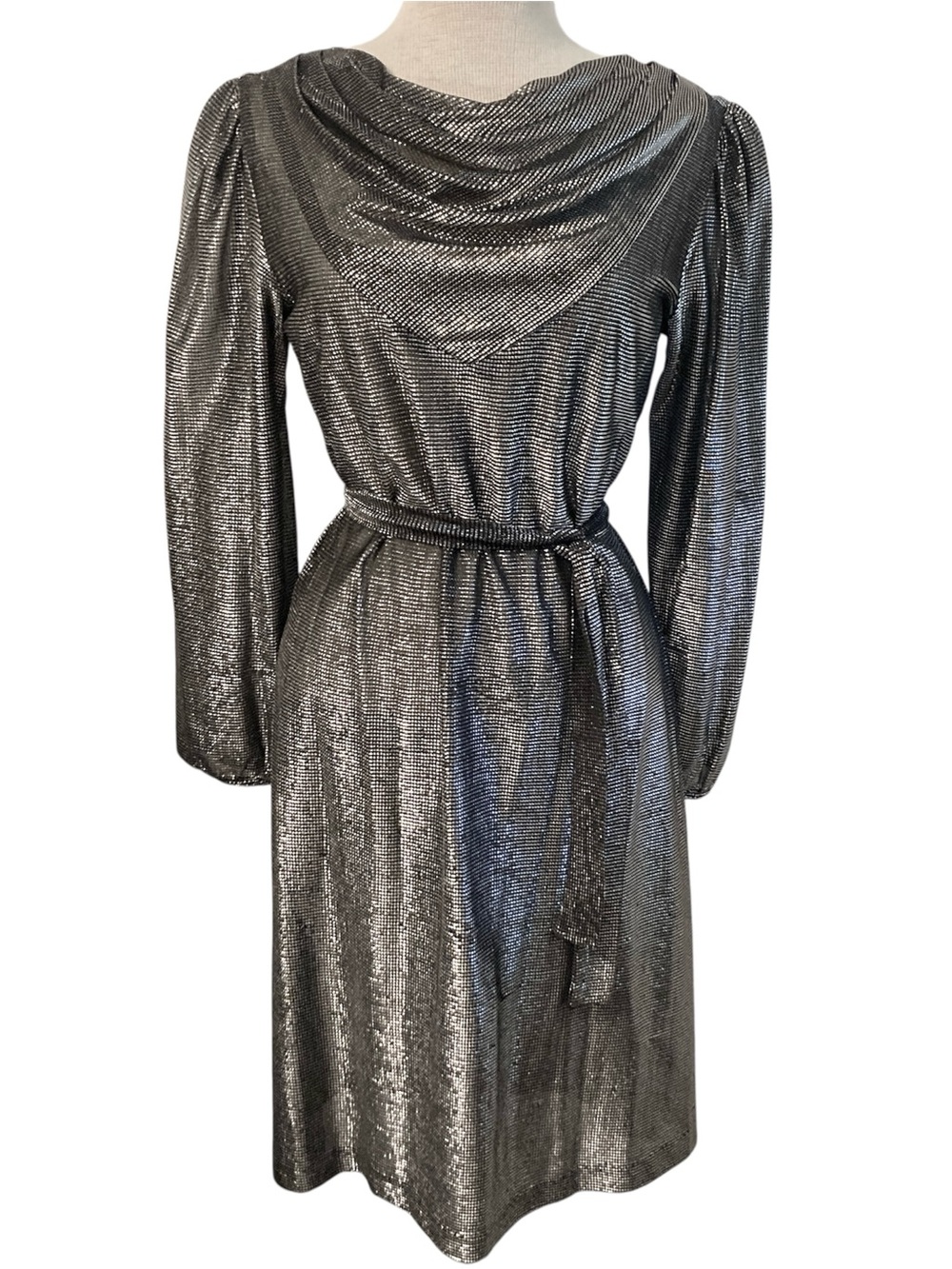 Vintage 80’s Silver Metallic Black Sheer Sheath Dress Draped Cowl Neck Tie Belt